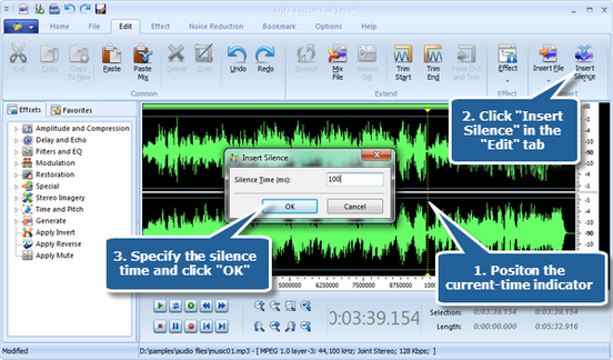 Insert silence in the waveform