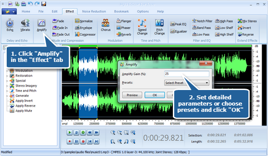 Amplify an audio file with amplify effect