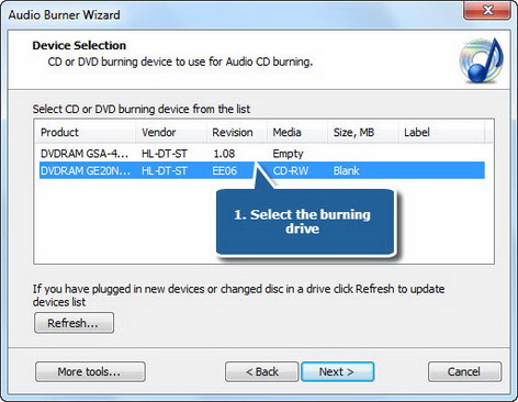 Select usable burning drive