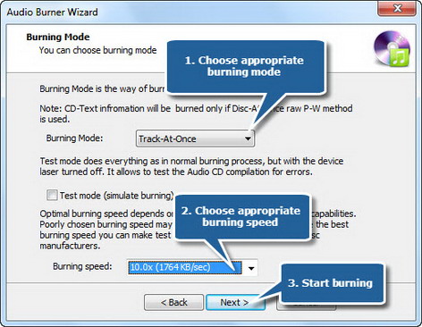 Select burning mode & burning speed