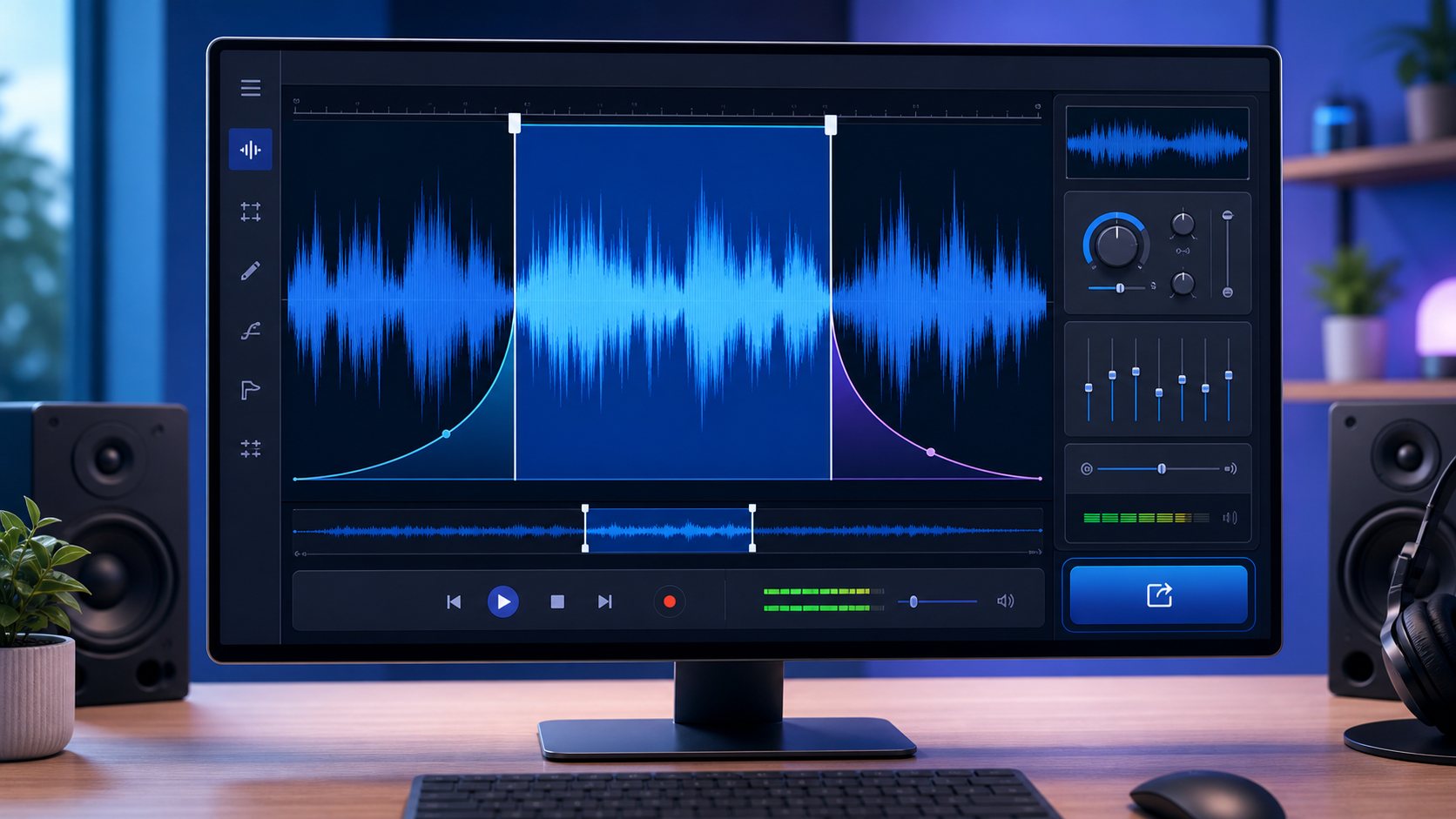Editing an MP3 waveform on Windows 11 with trim handles and fade curves